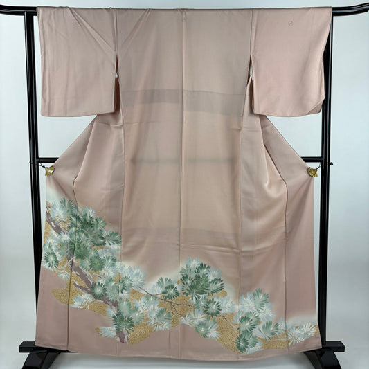 色留袖禮服 身長162cm 袖長64.5cm M 雙層 若松樹 霞 刺繡 金銀彩 淡粉色 純蠶絲 秀品級 三つ紋