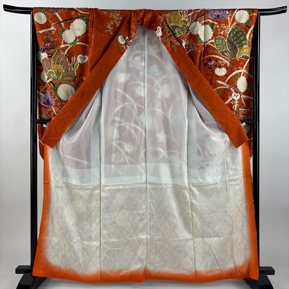 振袖禮服 身長164cm 袖長65.5cm M 雙層 蝶 橘 金絲 金銀彩 橙色 純蠶絲 優品級