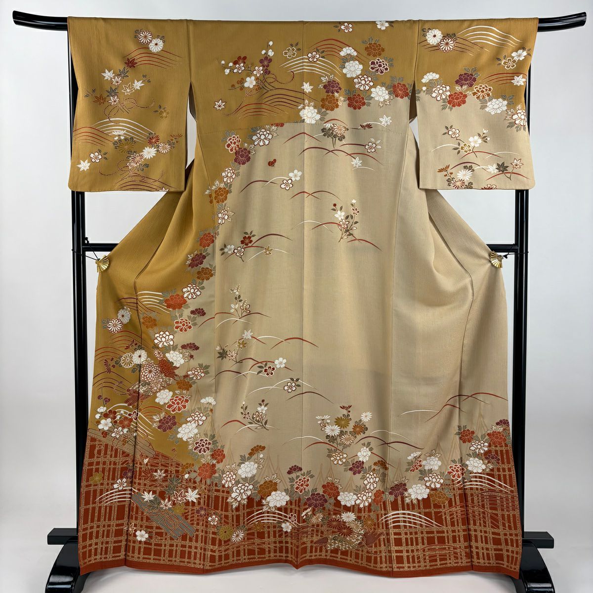 【美品】訪問服 身長167cm 袖長66cm M 雙層 花筏 波 金銀彩 染分 黃土 純蠶絲 秀品級