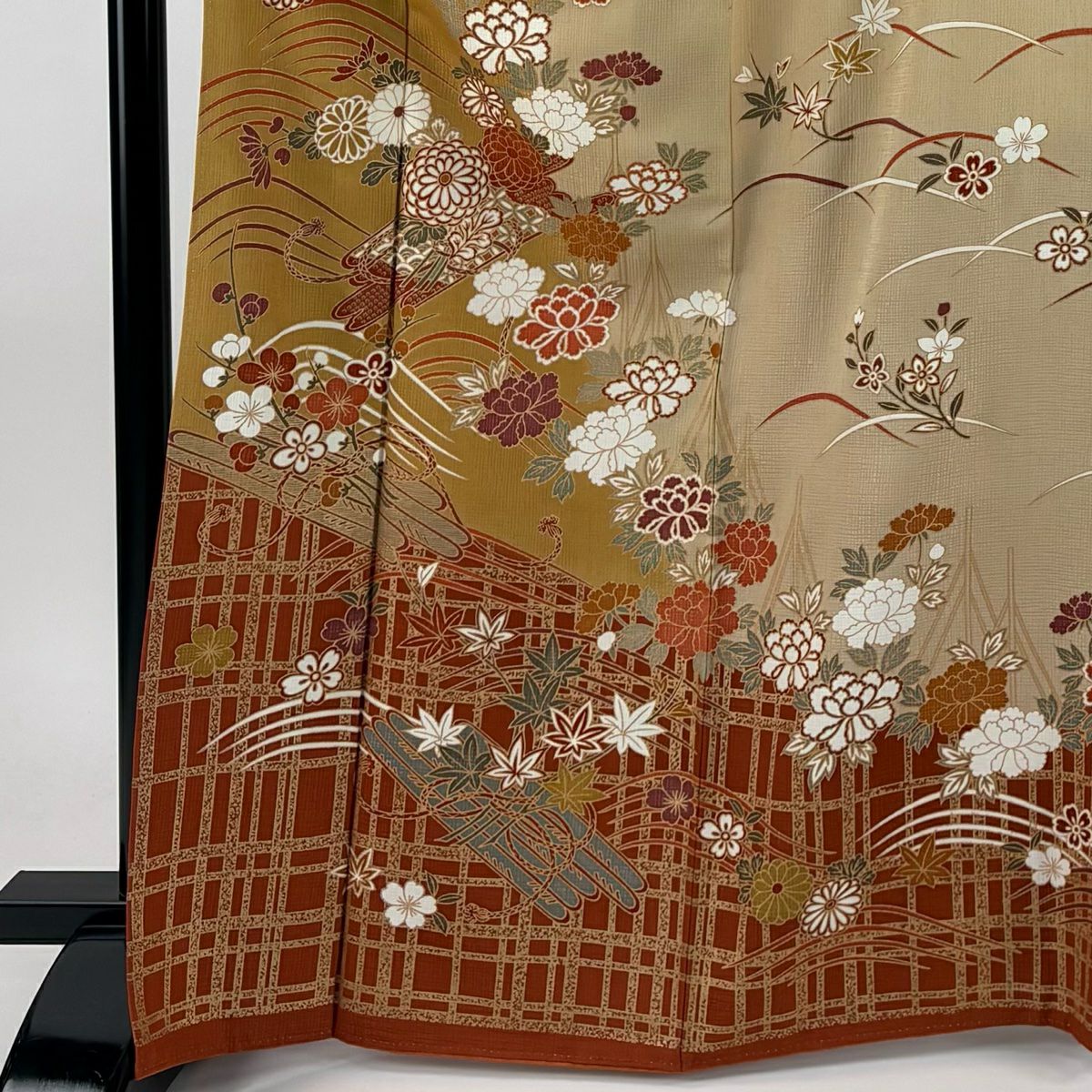 【美品】訪問服 身長167cm 袖長66cm M 雙層 花筏 波 金銀彩 染分 黃土 純蠶絲 秀品級