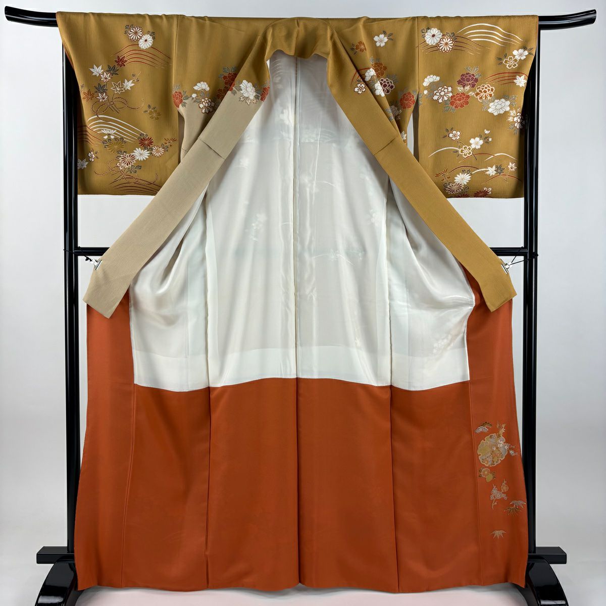 【美品】訪問服 身長167cm 袖長66cm M 雙層 花筏 波 金銀彩 染分 黃土 純蠶絲 秀品級