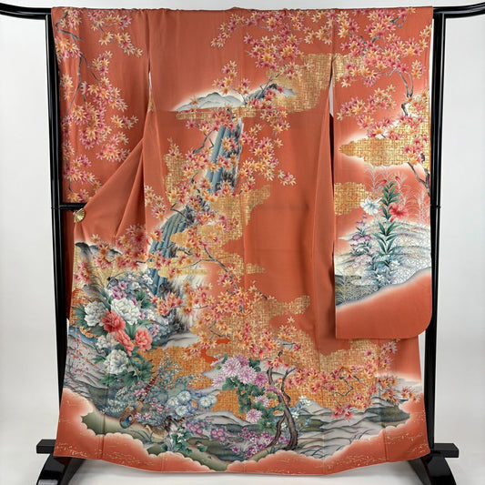 振袖禮服 身長163.5cm 袖長64.5cm M 雙層 牡丹 鳥 金銀彩 漸層 鮭粉色 純蠶絲 優品級