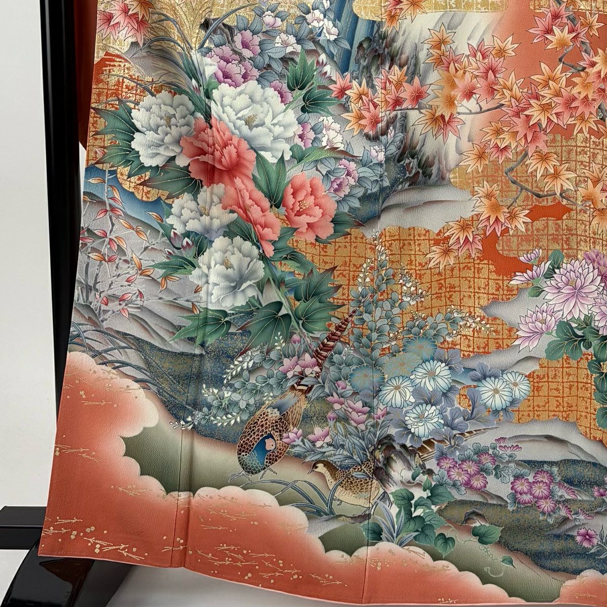 振袖禮服 身長163.5cm 袖長64.5cm M 雙層 牡丹 鳥 金銀彩 漸層 鮭粉色 純蠶絲 優品級