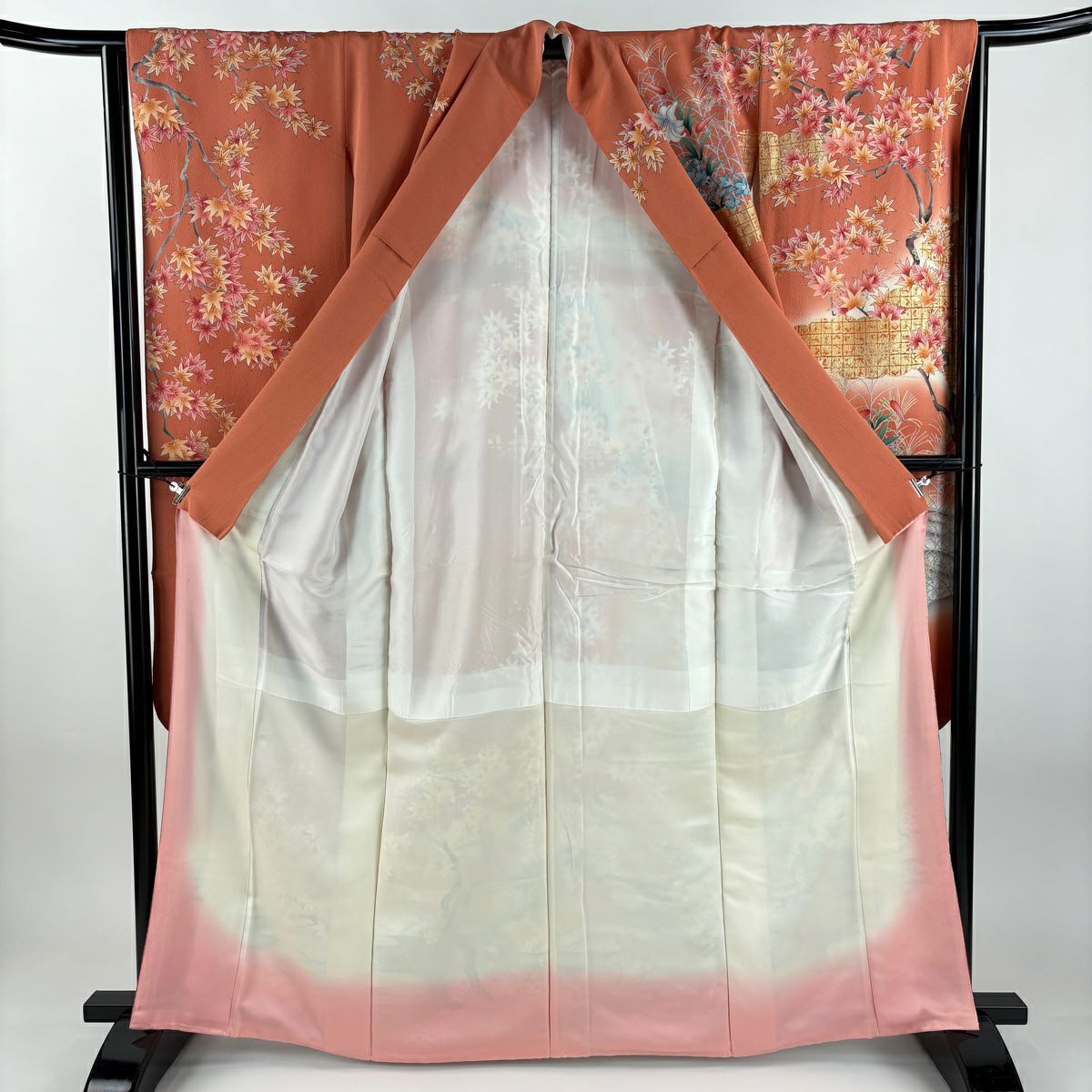 振袖禮服 身長163.5cm 袖長64.5cm M 雙層 牡丹 鳥 金銀彩 漸層 鮭粉色 純蠶絲 優品級