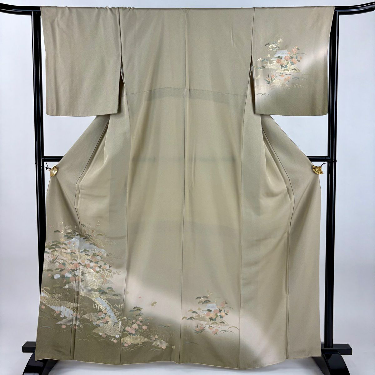 訪問服 身長164cm 袖長64.5cm M 雙層 建物 松樹梅花 金銀彩 漸層 灰綠 純蠶絲 優品級