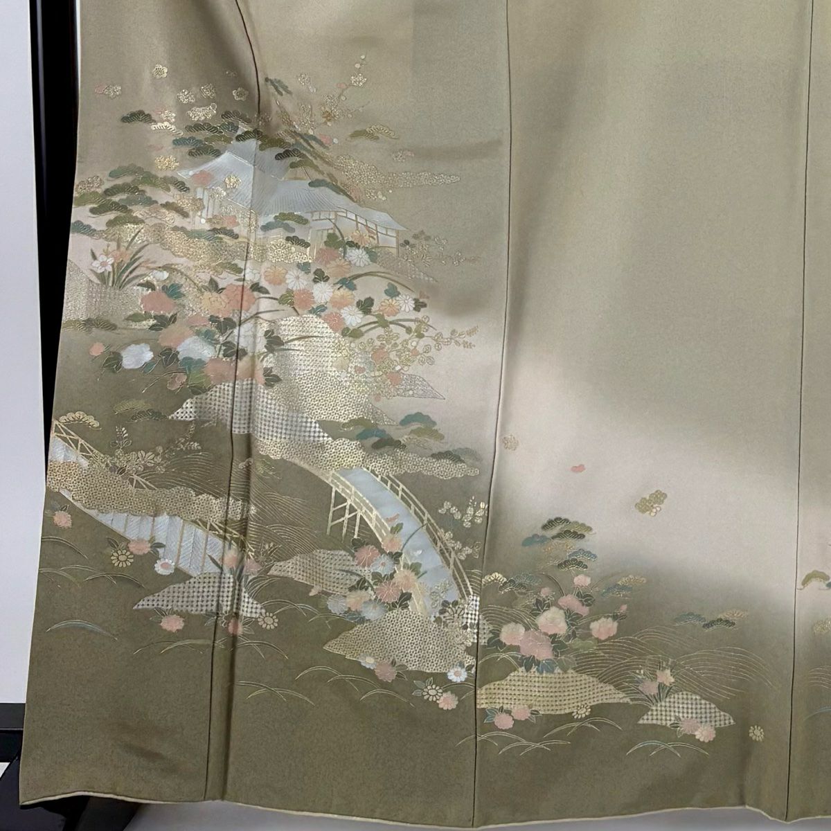 訪問服 身長164cm 袖長64.5cm M 雙層 建物 松樹梅花 金銀彩 漸層 灰綠 純蠶絲 優品級