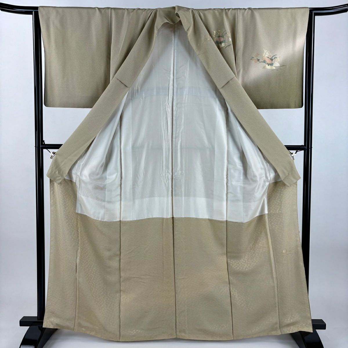訪問服 身長164cm 袖長64.5cm M 雙層 建物 松樹梅花 金銀彩 漸層 灰綠 純蠶絲 優品級