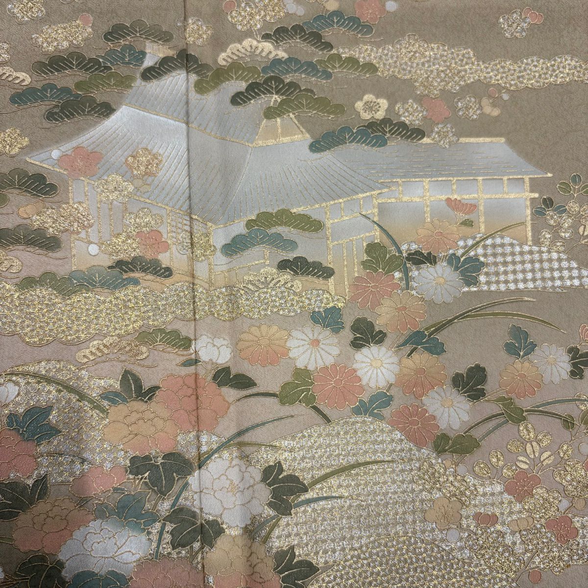訪問服 身長164cm 袖長64.5cm M 雙層 建物 松樹梅花 金銀彩 漸層 灰綠 純蠶絲 優品級