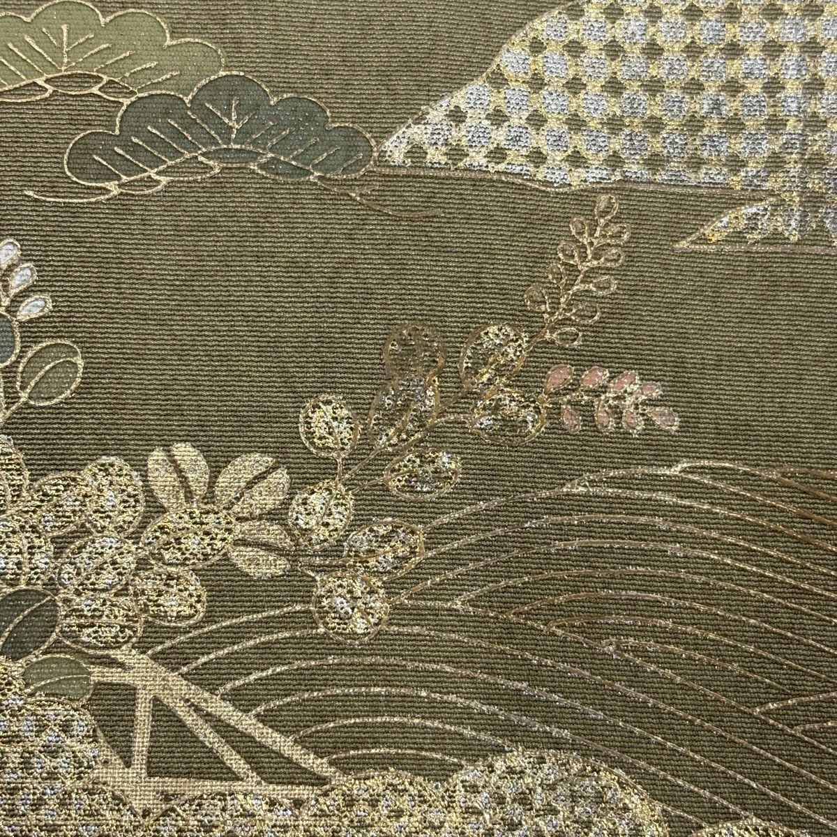 訪問服 身長164cm 袖長64.5cm M 雙層 建物 松樹梅花 金銀彩 漸層 灰綠 純蠶絲 優品級