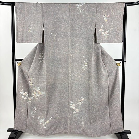 付下 身長159.5cm 袖長64.5cm M 雙層 菊花 幾何圖案 金銀彩 灰紫 純蠶絲 優品級 一個紋