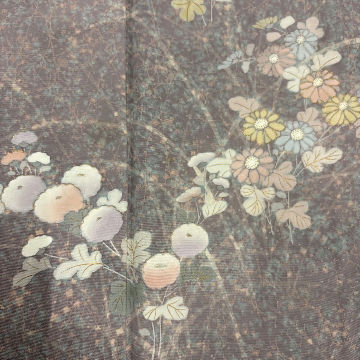 付下 身長159.5cm 袖長64.5cm M 雙層 菊花 幾何圖案 金銀彩 灰紫 純蠶絲 優品級 一個紋