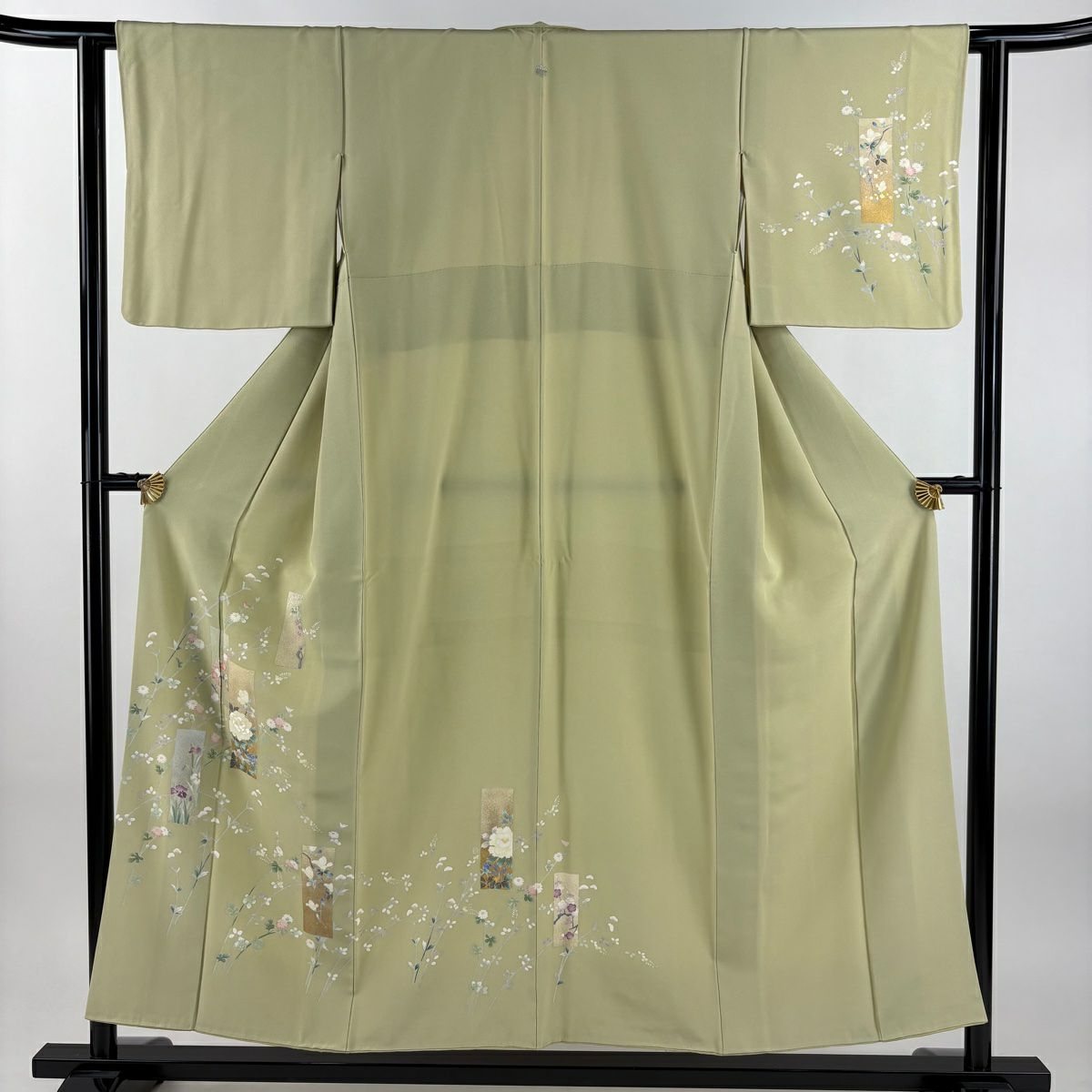 訪問服 身長153cm 袖長62cm S 雙層 短冊 草花紋紋 金銀彩 刺繡 抹茶 純蠶絲 秀品級 一つ紋