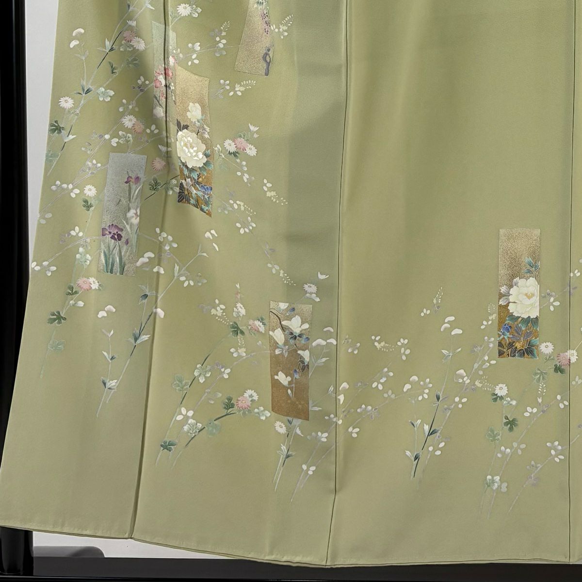 訪問服 身長153cm 袖長62cm S 雙層 短冊 草花紋紋 金銀彩 刺繡 抹茶 純蠶絲 秀品級 一つ紋