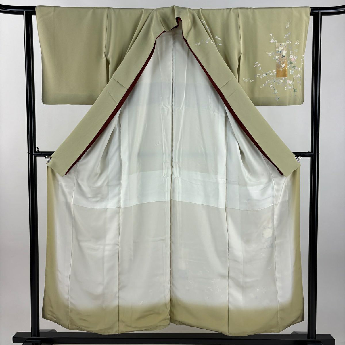 訪問服 身長153cm 袖長62cm S 雙層 短冊 草花紋紋 金銀彩 刺繡 抹茶 純蠶絲 秀品級 一つ紋