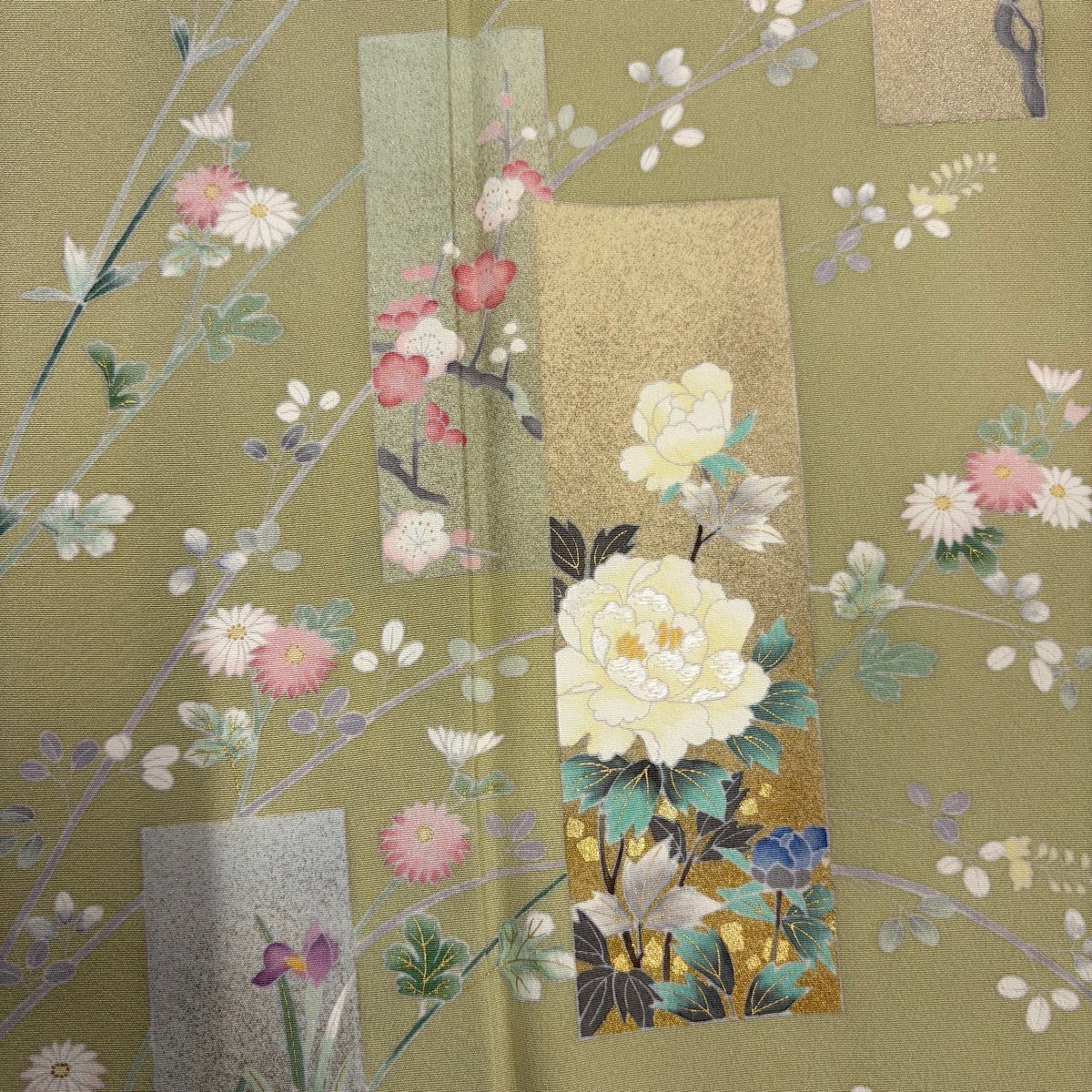 訪問服 身長153cm 袖長62cm S 雙層 短冊 草花紋紋 金銀彩 刺繡 抹茶 純蠶絲 秀品級 一つ紋
