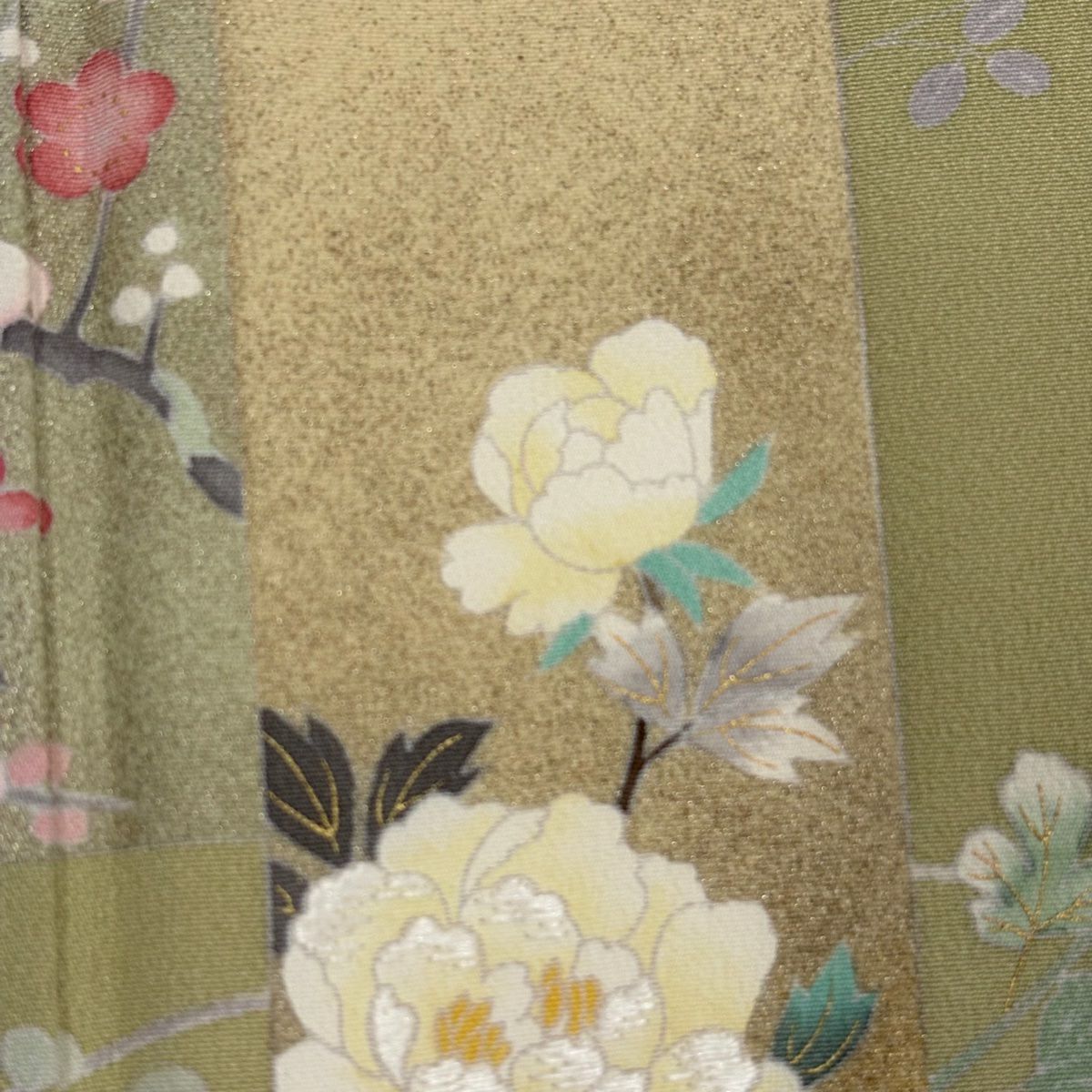 訪問服 身長153cm 袖長62cm S 雙層 短冊 草花紋紋 金銀彩 刺繡 抹茶 純蠶絲 秀品級 一つ紋