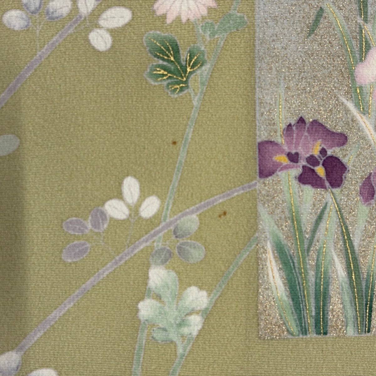 訪問服 身長153cm 袖長62cm S 雙層 短冊 草花紋紋 金銀彩 刺繡 抹茶 純蠶絲 秀品級 一つ紋