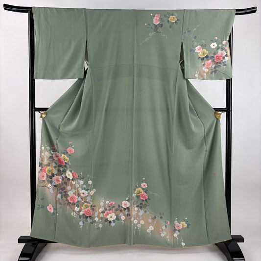 訪問服 身長162.5cm 袖長66cm M 雙層 落款有 椿 枝梅花 漸層 薄綠 純蠶絲 優品級