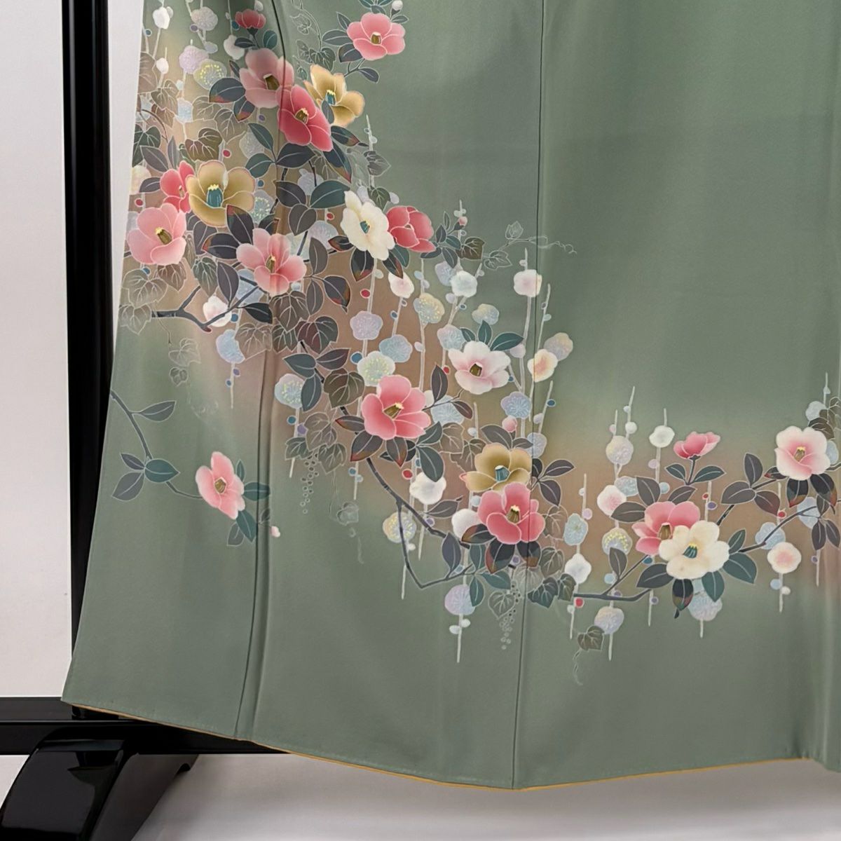 訪問服 身長162.5cm 袖長66cm M 雙層 落款有 椿 枝梅花 漸層 薄綠 純蠶絲 優品級