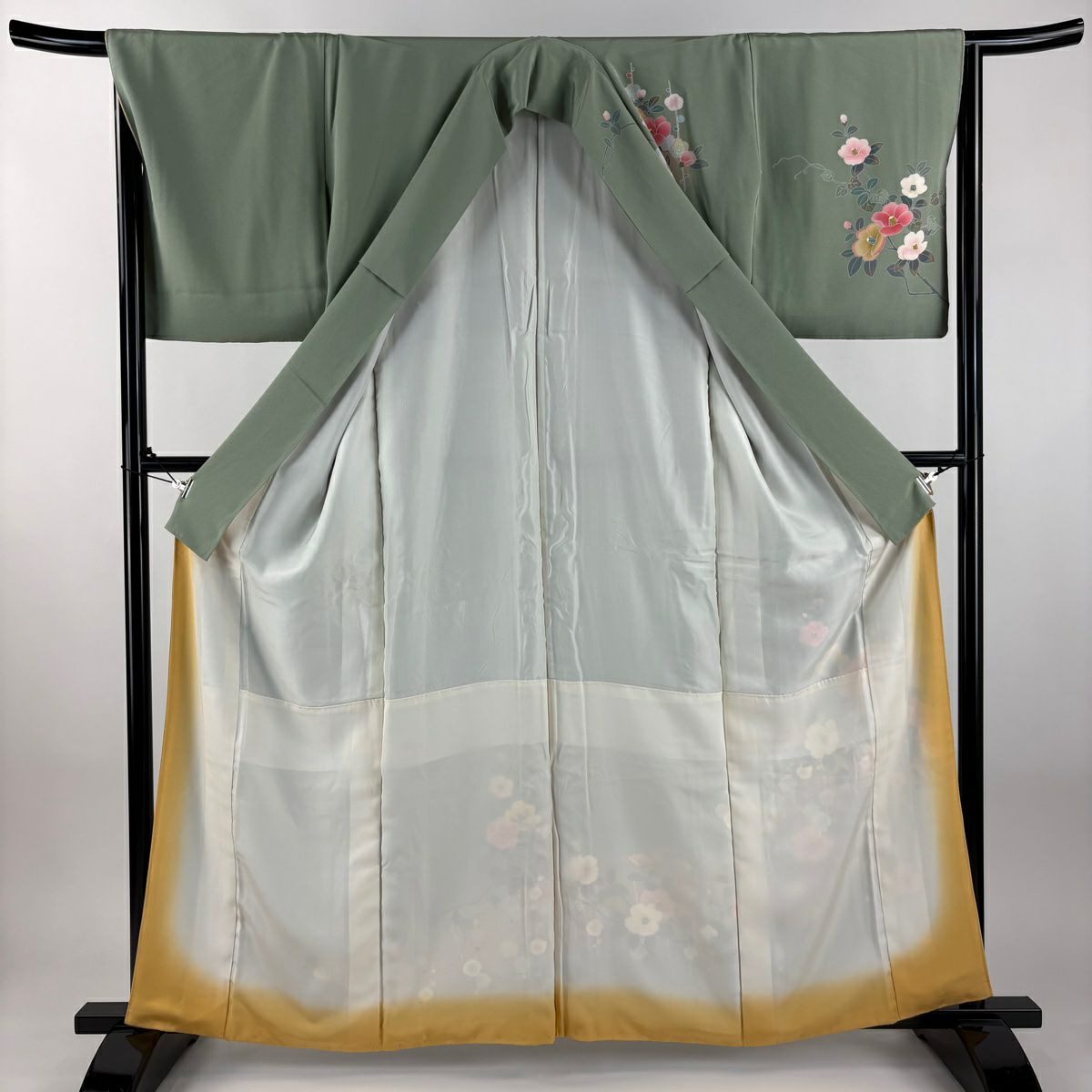 訪問服 身長162.5cm 袖長66cm M 雙層 落款有 椿 枝梅花 漸層 薄綠 純蠶絲 優品級
