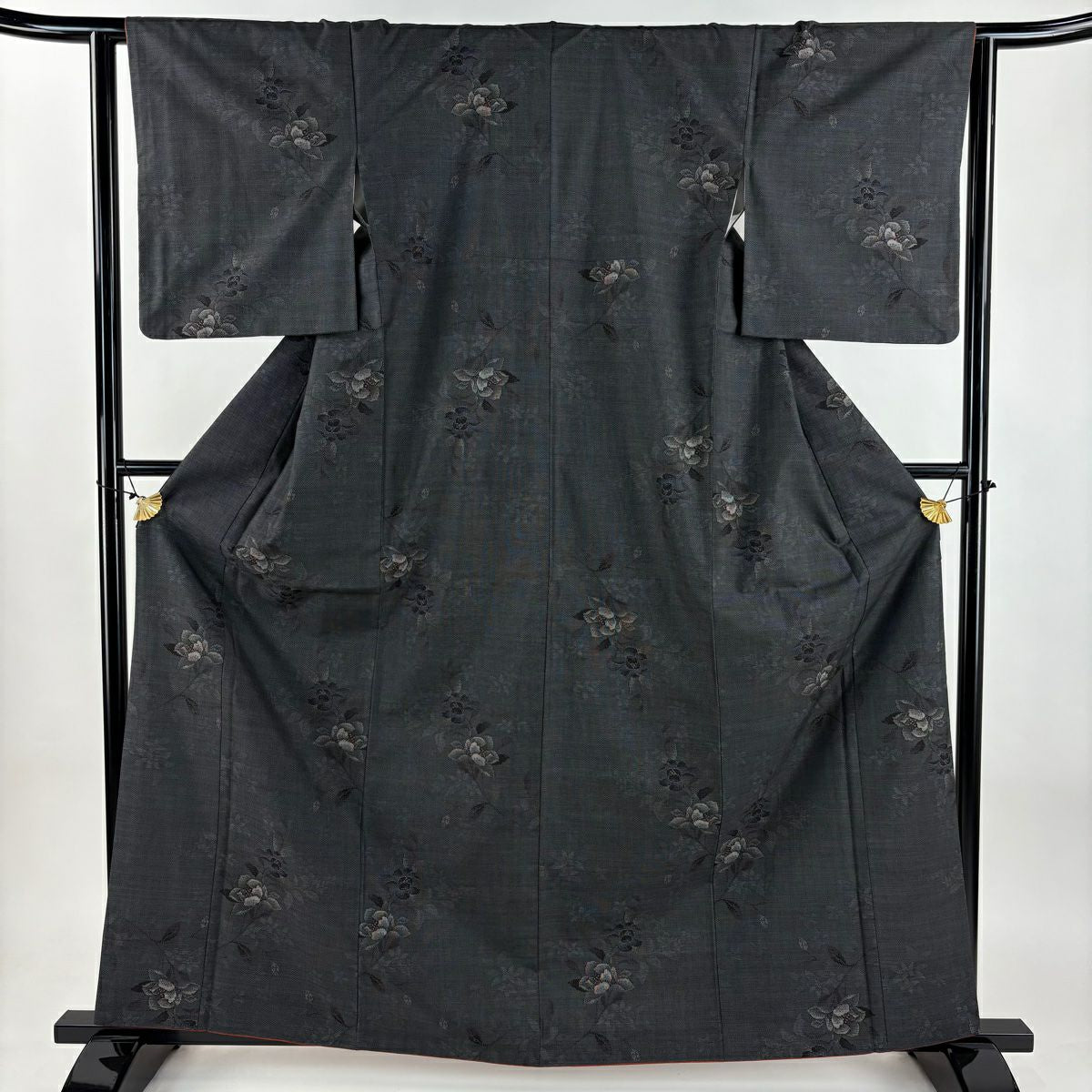 【美品】 紬織 身長163cm 袖長63cm S 雙層 葉柄 深藍 純蠶絲 秀品級