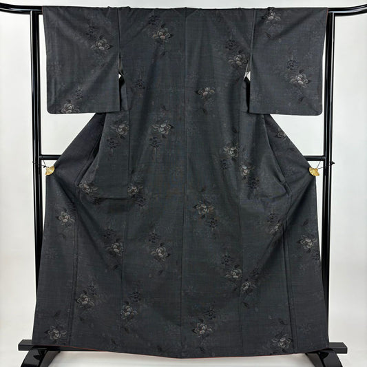 【美品】 紬織 身長163cm 袖長63cm S 雙層 葉柄 深藍 純蠶絲 秀品級
