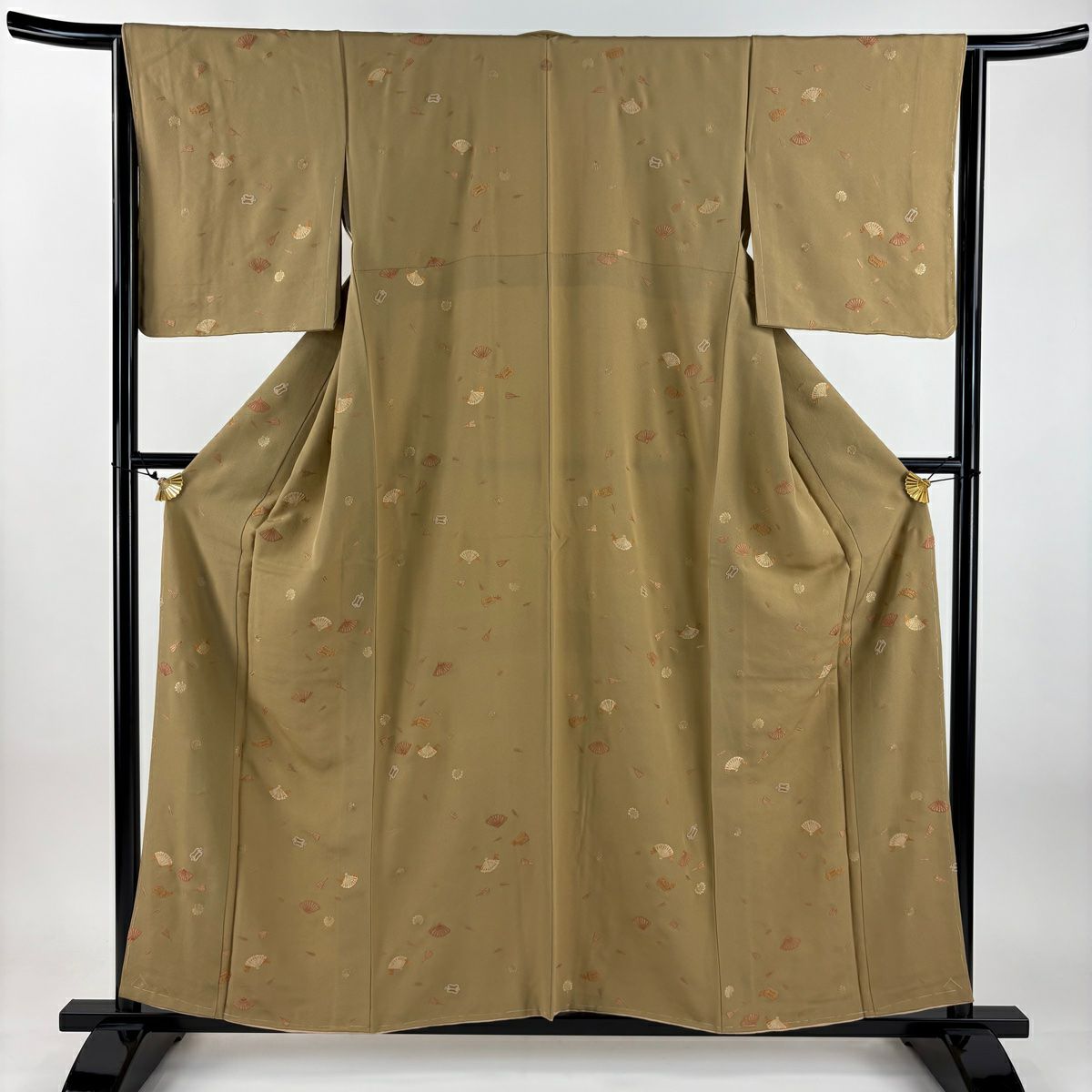 小紋 身長158cm 袖長65cm M 雙層 桧扇子 軍配 刺繡 茶 純蠶絲 秀品級 一つ紋