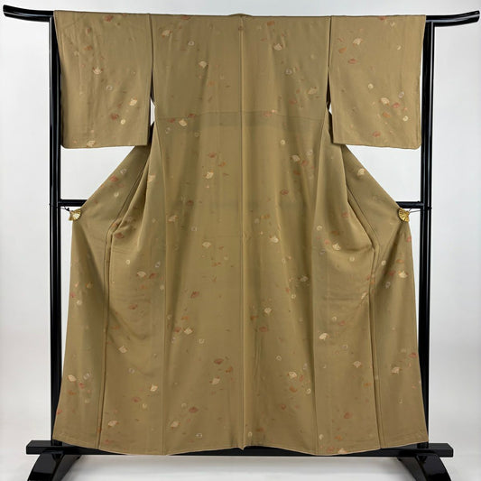 小紋 身長158cm 袖長65cm M 雙層 桧扇子 軍配 刺繡 茶 純蠶絲 秀品級 一つ紋