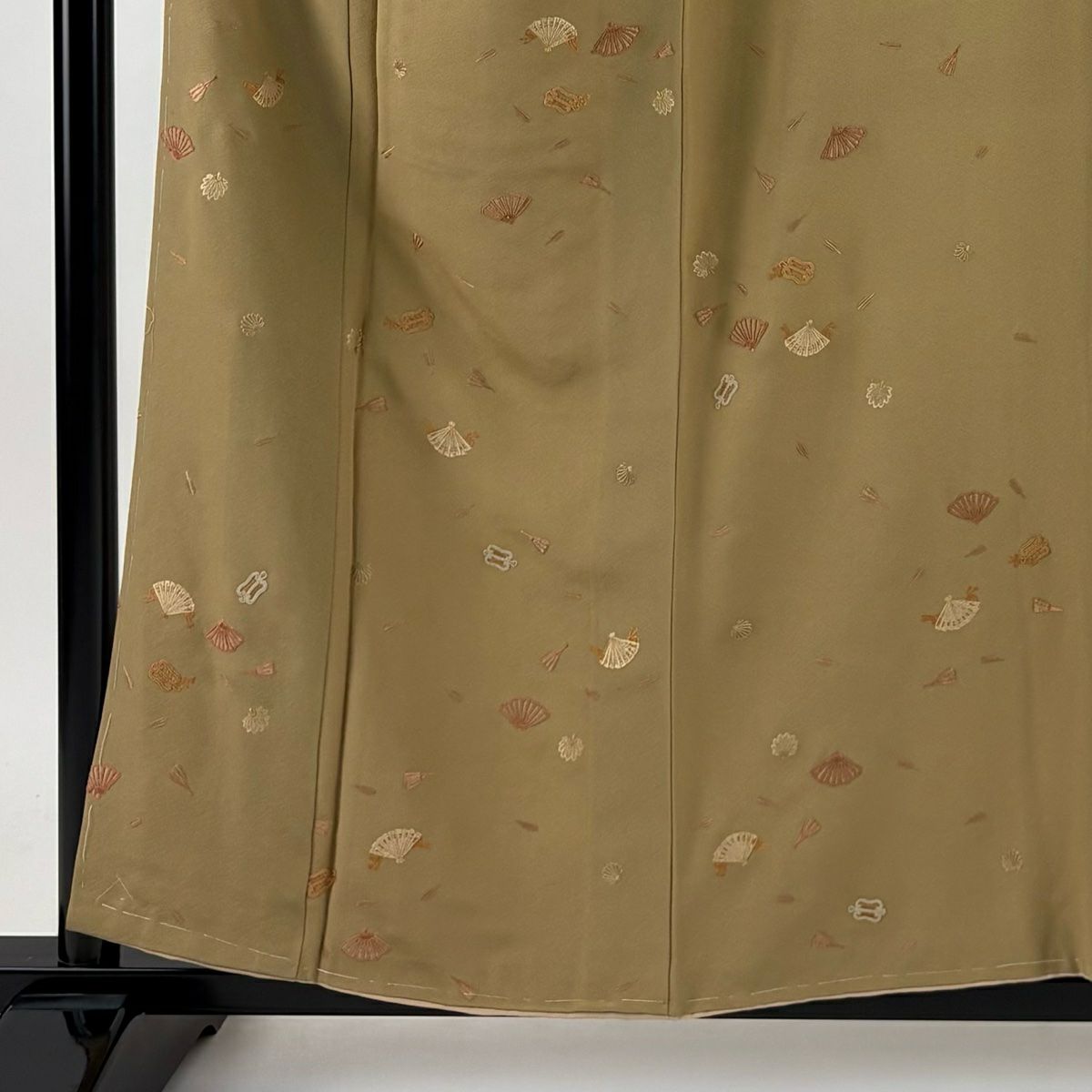 小紋 身長158cm 袖長65cm M 雙層 桧扇子 軍配 刺繡 茶 純蠶絲 秀品級 一つ紋