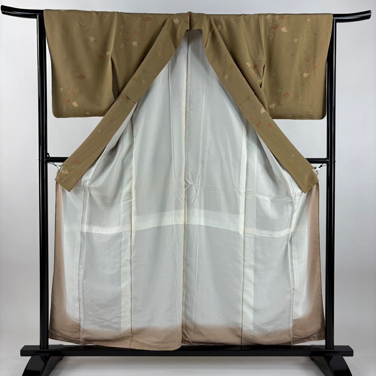 小紋 身長158cm 袖長65cm M 雙層 桧扇子 軍配 刺繡 茶 純蠶絲 秀品級 一つ紋