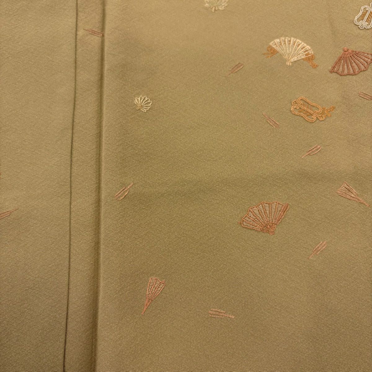 小紋 身長158cm 袖長65cm M 雙層 桧扇子 軍配 刺繡 茶 純蠶絲 秀品級 一つ紋