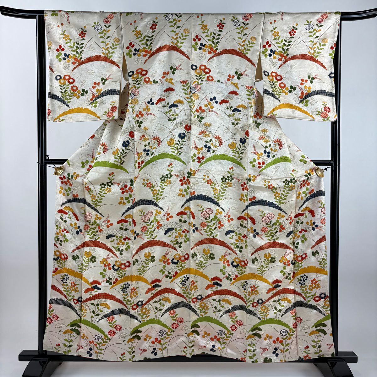付下 身長157.5cm 袖長66cm M 雙層 雪芝 秋草 金絲 金銀彩 奶油色 純蠶絲 優品級