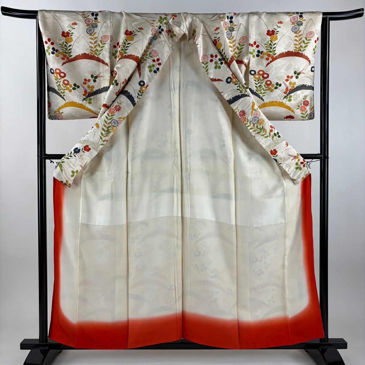 付下 身長157.5cm 袖長66cm M 雙層 雪芝 秋草 金絲 金銀彩 奶油色 純蠶絲 優品級