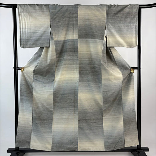 【美品】 紬織 身長158cm 袖長63cm S 雙層 段縞 灰 純蠶絲 秀品級