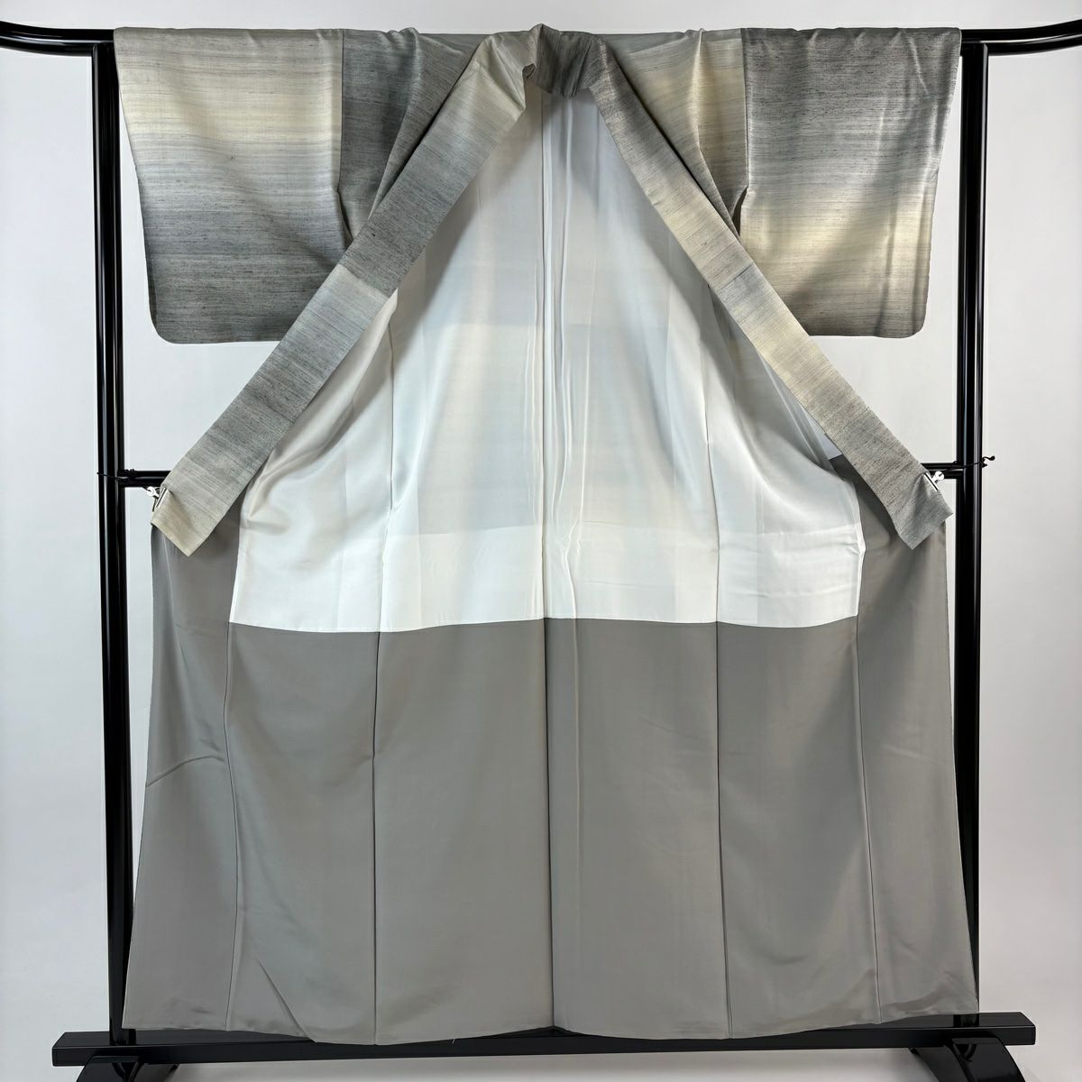 【美品】 紬織 身長158cm 袖長63cm S 雙層 段縞 灰 純蠶絲 秀品級