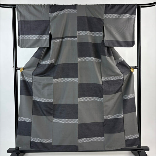 【美品】 紬織 身長159cm 袖長63cm S 雙層 鱗 幾何學 灰 純蠶絲 秀品級