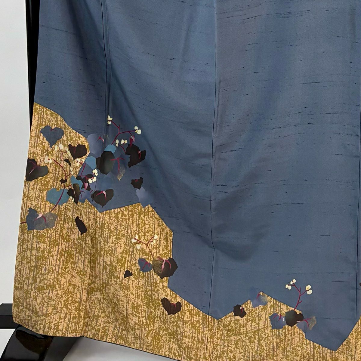付下 身長167.5cm 袖長67.5cm L 雙層 落款 草花紋紋 金彩裝飾 青灰 純蠶絲 秀品級