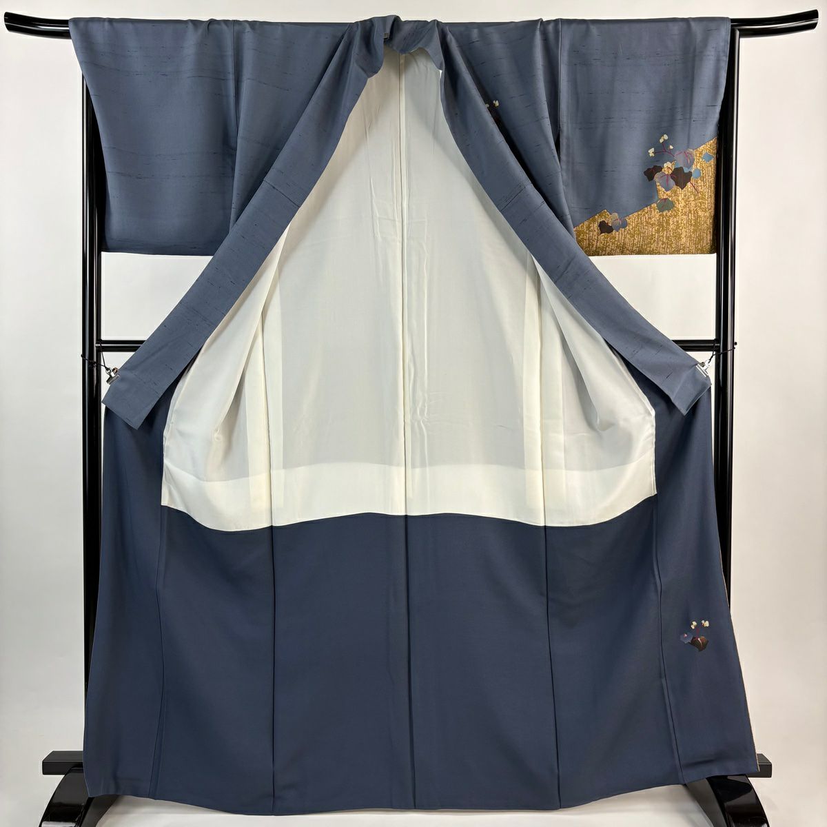 付下 身長167.5cm 袖長67.5cm L 雙層 落款 草花紋紋 金彩裝飾 青灰 純蠶絲 秀品級