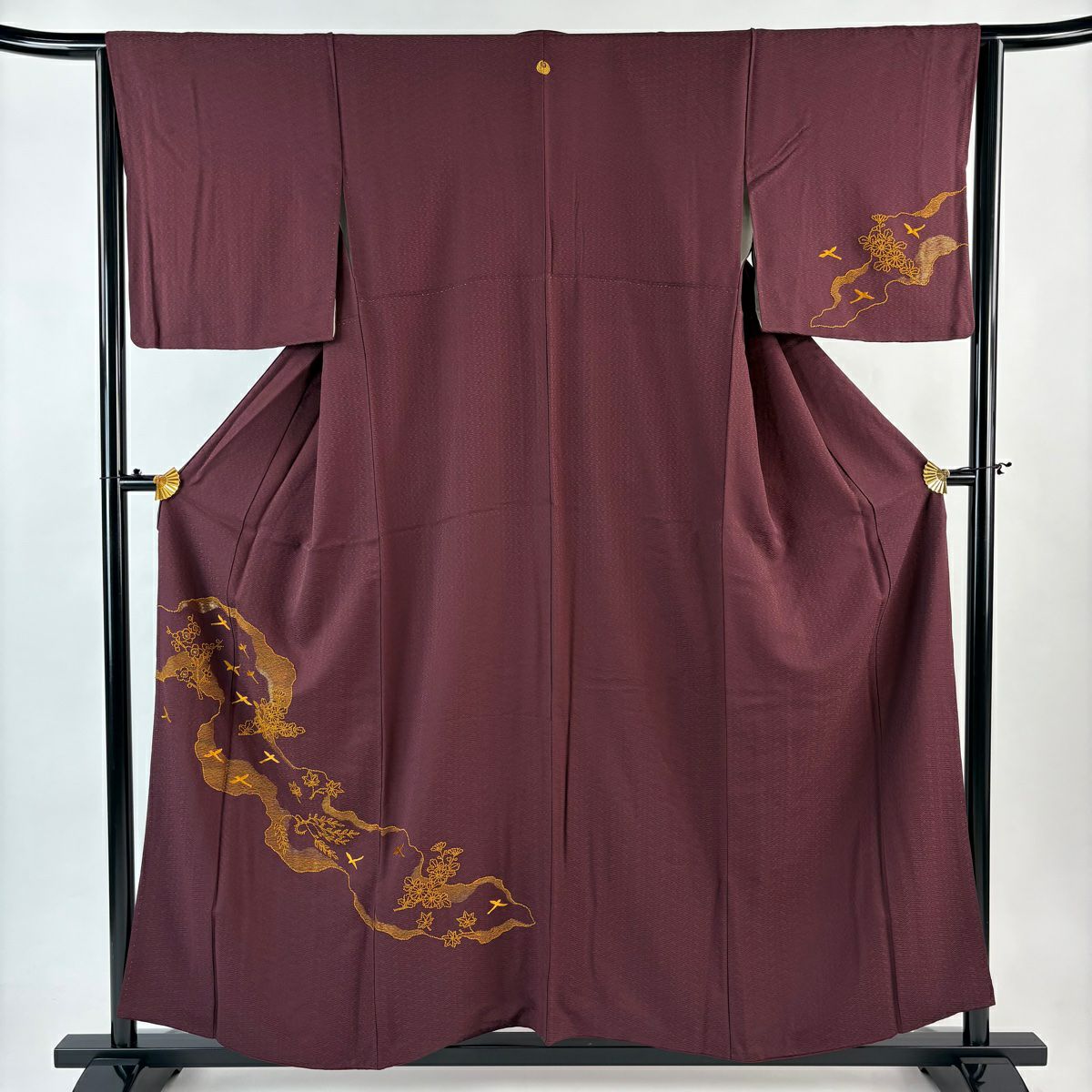 付下 身長156.5cm 袖長64cm M 雙層 鳥 菊花 刺繡 金線 紅紫 純蠶絲 秀品級 一個紋