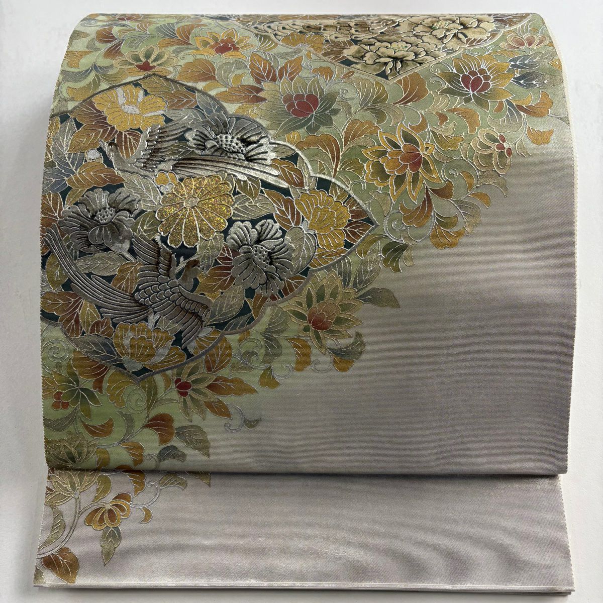 袋帶 秀品級 關西仕立 花鳥 花唐草紋 金銀彩 金金箔 灰綠 お太鼓柄 純蠶絲