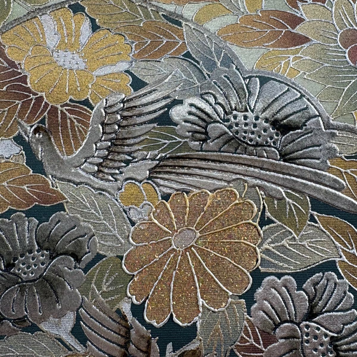袋帶 秀品級 關西仕立 花鳥 花唐草紋 金銀彩 金金箔 灰綠 お太鼓柄 純蠶絲