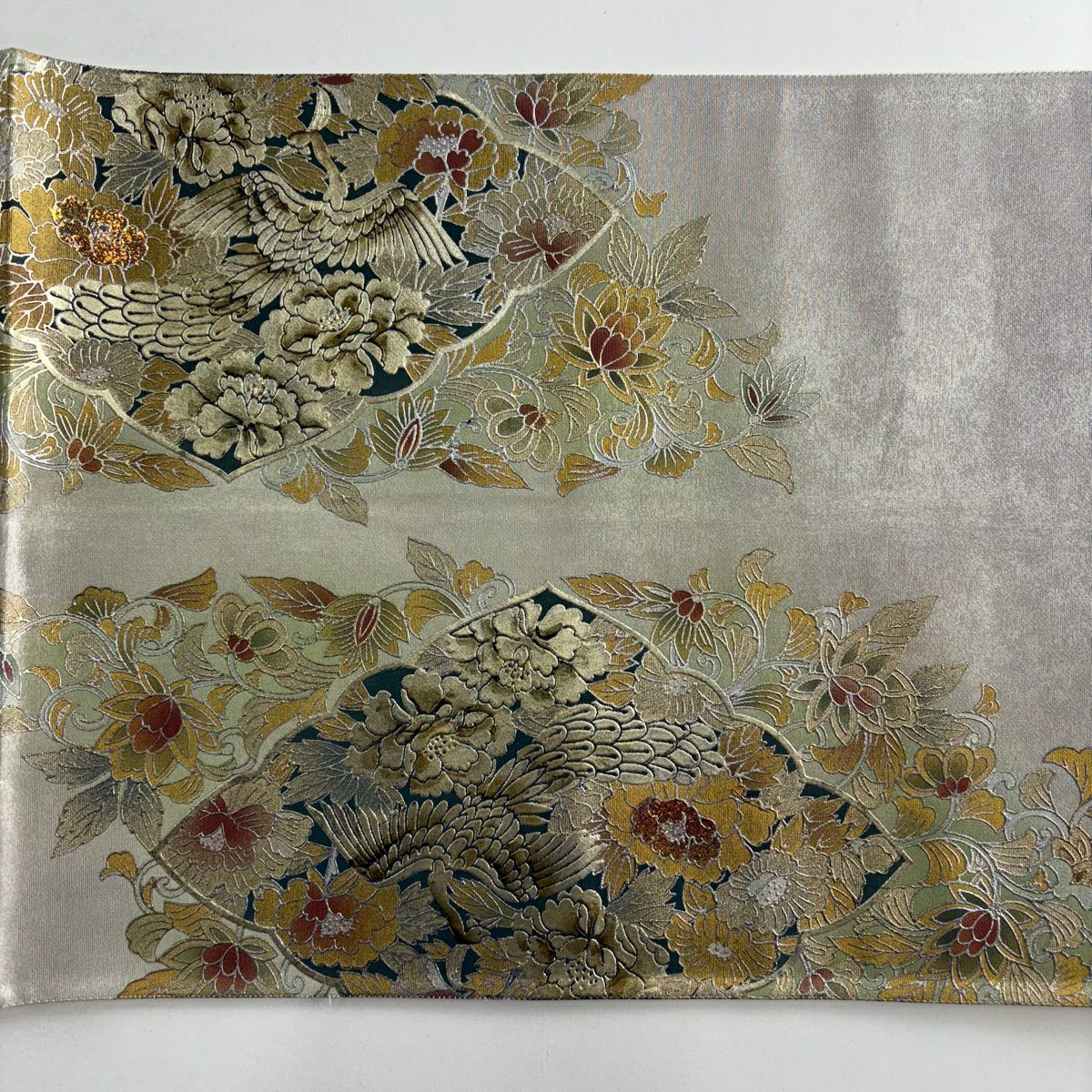 袋帶 秀品級 關西仕立 花鳥 花唐草紋 金銀彩 金金箔 灰綠 お太鼓柄 純蠶絲