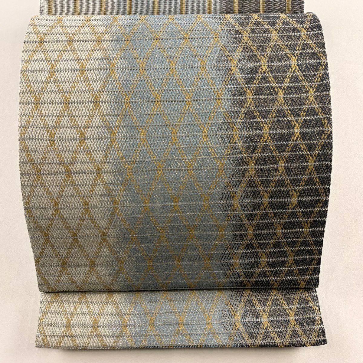 【美品】 袋帶 秀品級 夏帶 斜格紋 縞 金絲 青灰 紋樣 純蠶絲