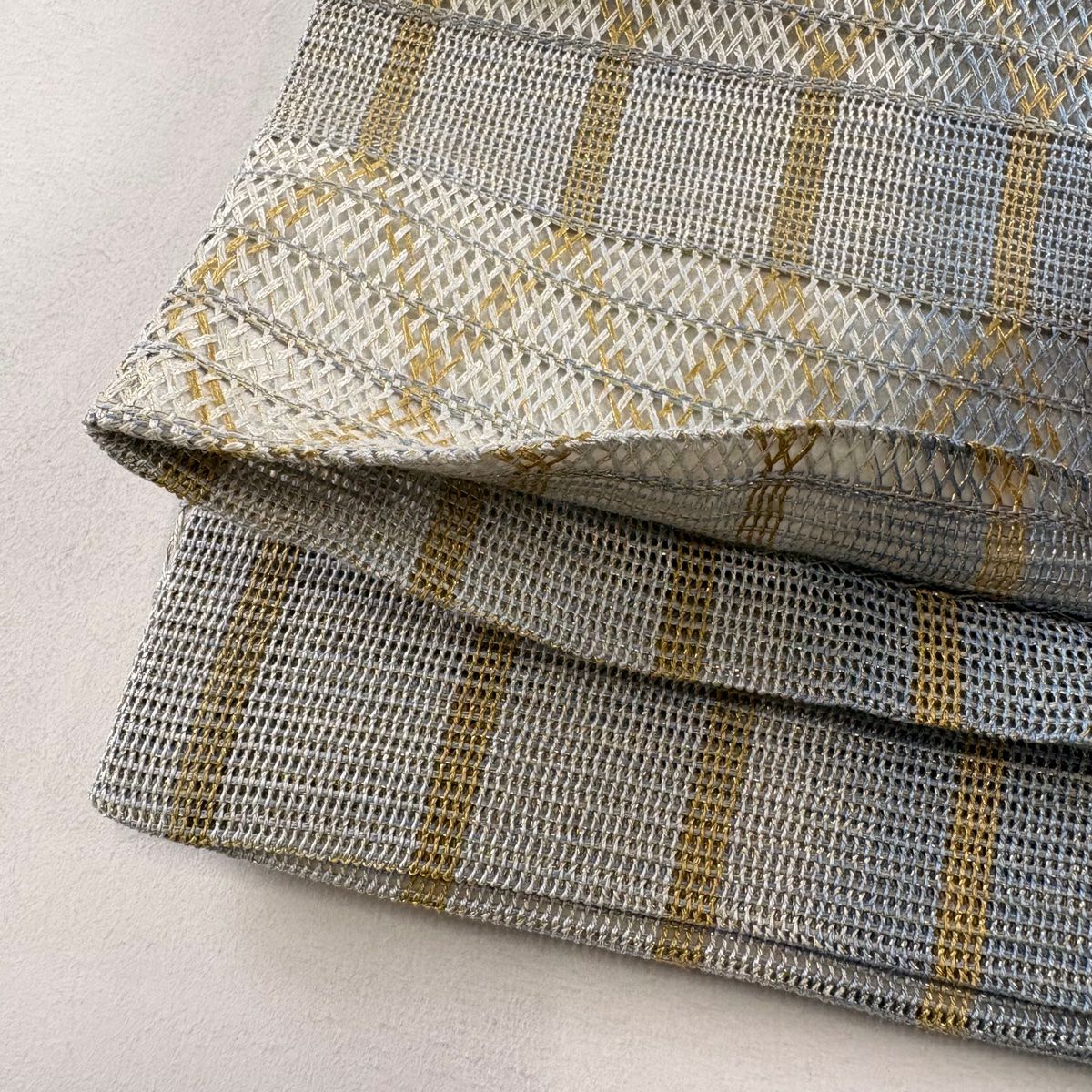 【美品】 袋帶 秀品級 夏帶 斜格紋 縞 金絲 青灰 紋樣 純蠶絲