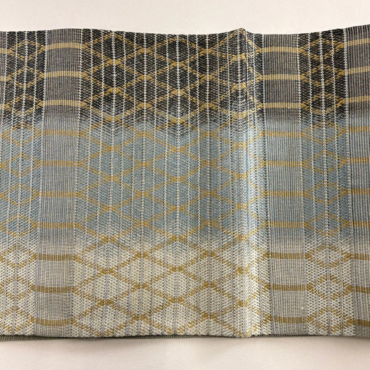 【美品】 袋帶 秀品級 夏帶 斜格紋 縞 金絲 青灰 紋樣 純蠶絲