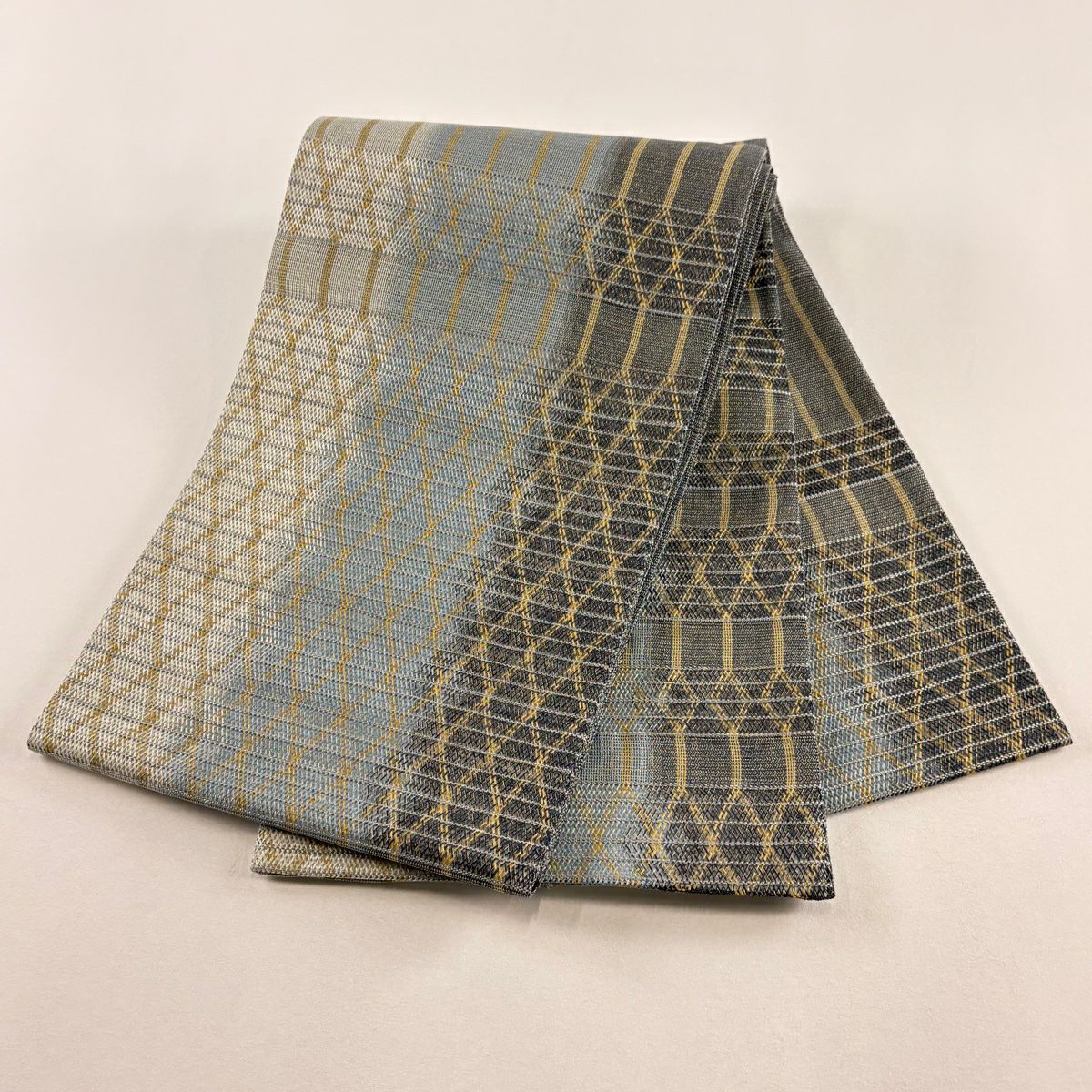【美品】 袋帶 秀品級 夏帶 斜格紋 縞 金絲 青灰 紋樣 純蠶絲