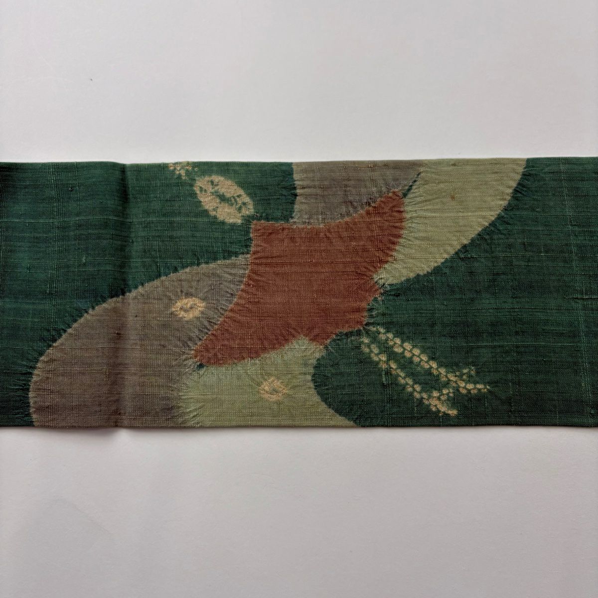 名古屋帶 優品級 紬織織 流水 鳥 絞染 綠 純蠶絲