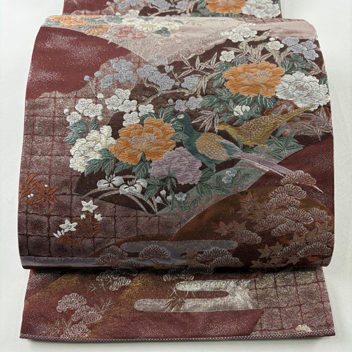 【美品】 袋帶 秀品級 關西仕立 雲扇子 花鳥 金金箔 銀線 茶紫 六通 純蠶絲
