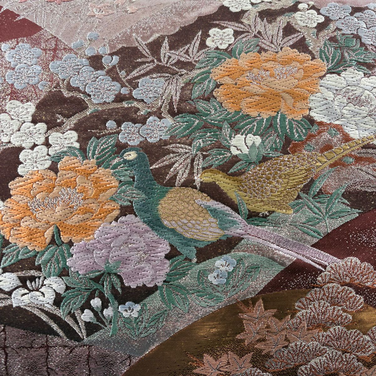 【美品】 袋帶 秀品級 關西仕立 雲扇子 花鳥 金金箔 銀線 茶紫 六通 純蠶絲