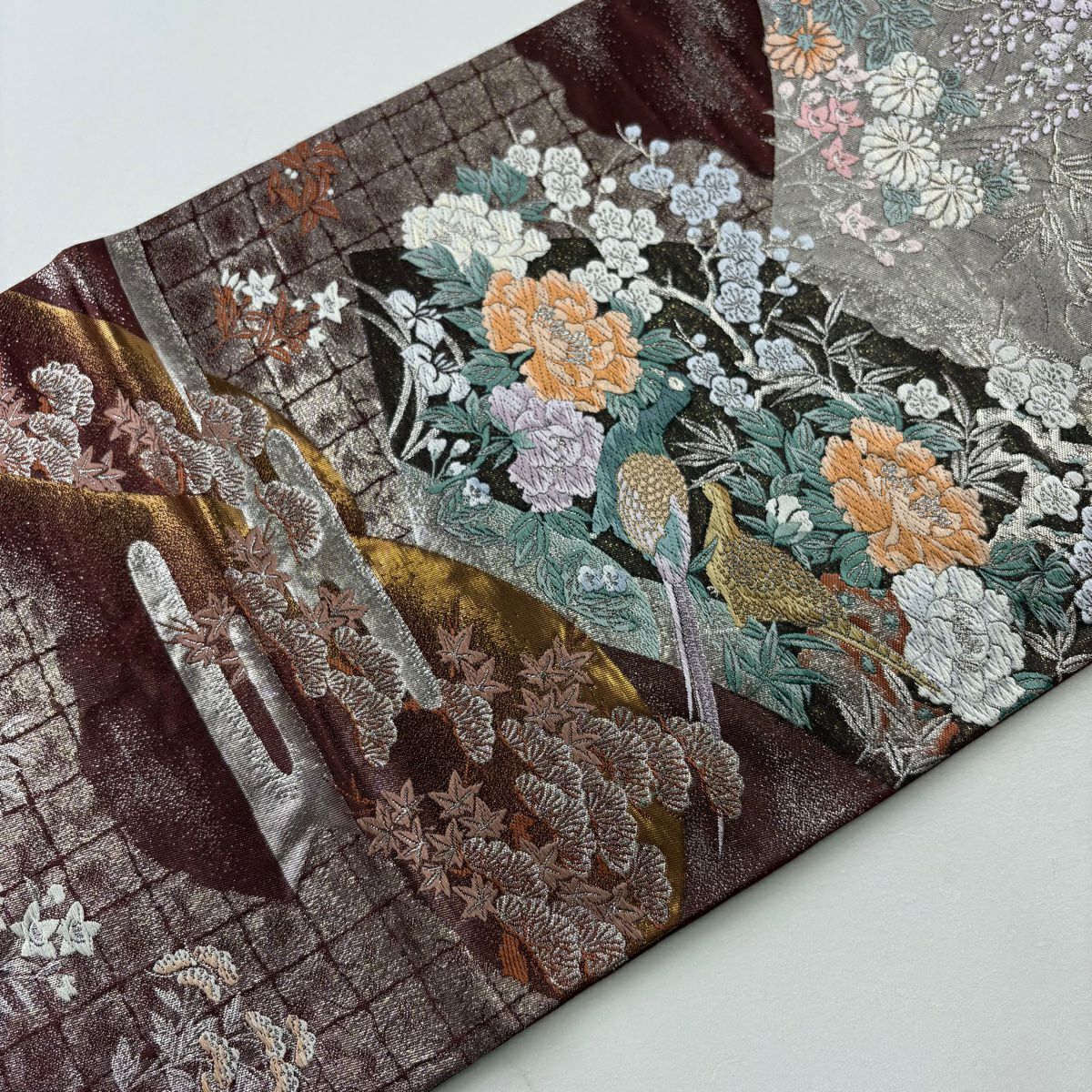 【美品】 袋帶 秀品級 關西仕立 雲扇子 花鳥 金金箔 銀線 茶紫 六通 純蠶絲